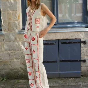Pantalon Edouard broderie beige/rouge