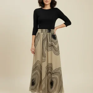 Jupe Longue Beige Motifs Abstraits Élégante