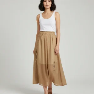 Jupe Longue Camel Broderie Fluide