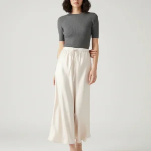 Jupe Longue Satin Beige Fluide Femme