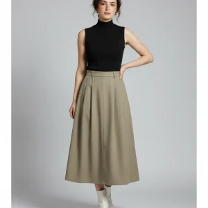 Jupe Longue Kaki Plissée Fluide Tendance