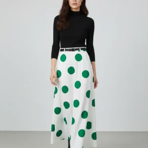 Jupe Longue Blanche À Pois Verts Bohème