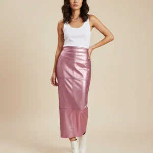 Jupe Longue Rose Métallisé Similicuir Chic