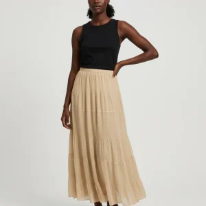 Jupe Longue Beige Plissée Fluide Femme