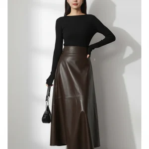 Jupe Cuir Marron Mi-Longue