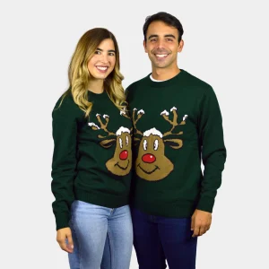 Pull de Noël Vert  avec Renne Souriant