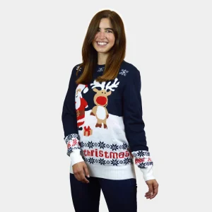 Pull de Noël pour Femme Bleu Père Noël et Rudolph le Renne Coton Bio