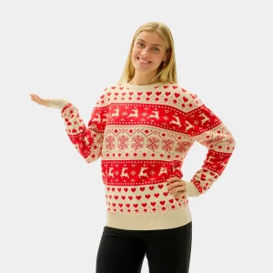 Pull de Noël pour Femme avec Cœurs Rouges et Beige Coton Bio