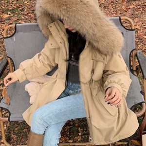 Inrosy mi-longue parka à capuche boutons poches fermeture éclair manches longues femme mode oversized décontracté hiver manteau