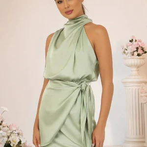 Inrosy robe courte irrégulière col roulé licou ceinture sans manches femme élégant invité mariage de cocktail
