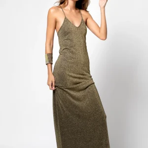 ROBE LONGUE DOS NU JILA LUREX GOLD KAKI