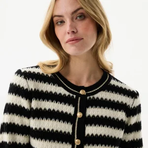 Cardigan rayé noir et écru en laine