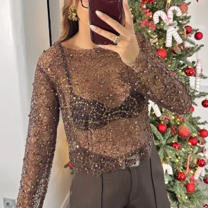 Top strass et perles DREAMY DECEMBER - marron