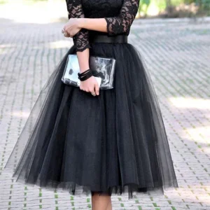 Inrosy mi-longue jupe plissé taille élastique tutu tulle femme noir