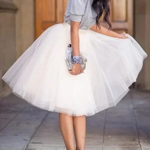 Inrosy jupe mi-longue tutu en tulle taille haute grande taille mode femme blanche