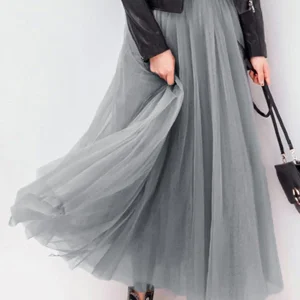 Inrosy jupe longue tutu en tulle plissé taille élastique mode femme gris