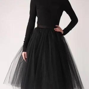 Inrosy jupe mi-longue tutu en tulle plissé taille élastique noir