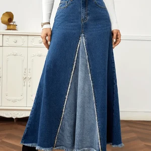 Inrosy longue jupe en jean fluide frange boutons poches femme mode décontracté