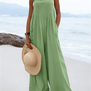 Inrosy salopette larges jambes évasé en lin bretelle femme bohème décontracté ample combinaisons