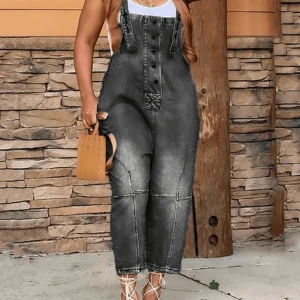 Inrosy salopette en jean larges jambes évasé boutonnage poches sans manches femme mode décontracté