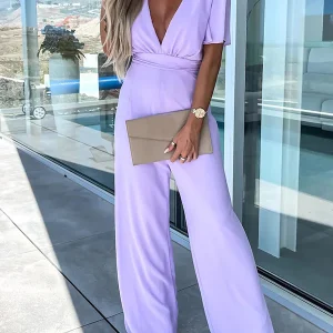 Inrosy combinaisons en mousseline larges jambes évasé à volantée v-cou manches courtes femme casual été