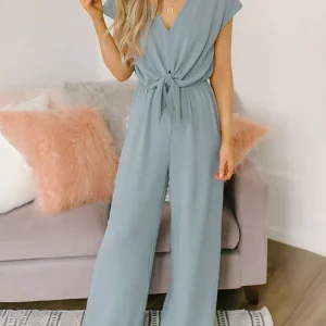 Inrosy combinaisons une pièce larges jambes évasé noeud papillon ceinture dos nu v-cou manches courtes femme décontracté