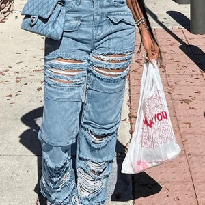 Inrosy longue pantalons en jeans droit déchiré troué genou découpé boutons poches mi taille femme mode décontracté