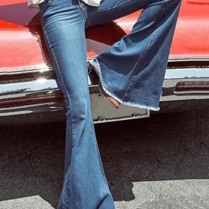 Inrosy jeans patte d'éléphant années 70 80 flare évasé poches taille haute femme mode pantalon bleu