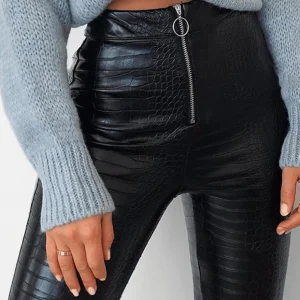 Inrosy leggings slim fitness crocodile simili cuir fermeture éclair taille haute femme mode décontracté pantalons noir