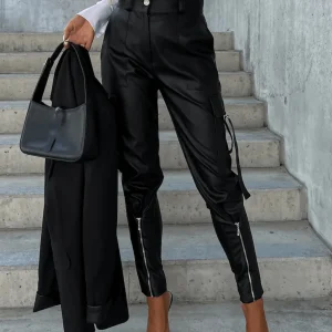 Inrosy pantalons carotte unicolore simili cuir boutons poches ceinture fermeture éclair femme mode décontracté bas
