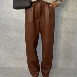 Inrosy pantalon carotte simili cuir poches taille élastique femme élégant mode décontracté
