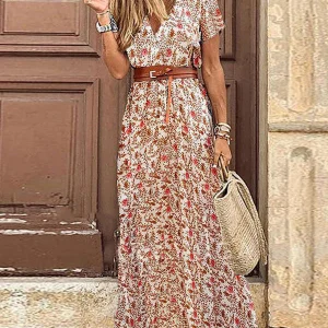 Inrosy robe longue imprimé à fleurie fendu le côté ceinture v-cou bohème plage