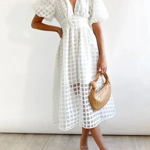 Inrosy mi-longue robe trapèze carreaux fendu fluide boutonnage v-cou manches courtes élégant femme décontracté