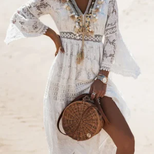 Inrosy robe longue dentelle frange pompons v-cou manches trompette manches longues femme bohème de plage