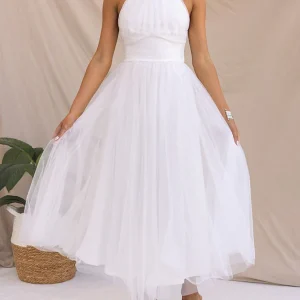 Inrosy robe longue découpes bouffante tutu tulle trapèze noeud papillon licou sans manches doux élégant de cocktail