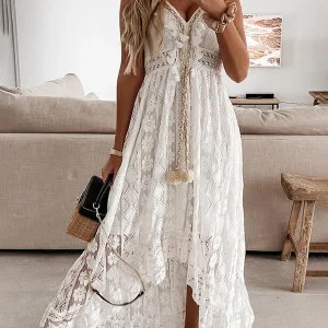 Inrosy robe longue court devant longue derriere dentelle pompons v-cou sans manches femme bohème de plage