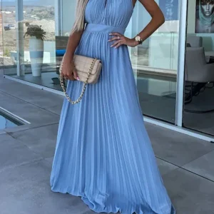 Inrosy robe longue découpes plissé dos nu licou sans manches élégant femme bal de promo