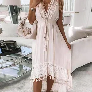 Inrosy robe longue court devant longue derriere dentelle fluide frange nœud v-cou sans manches femme bohème de plage