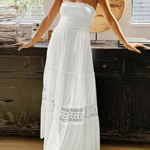 Inrosy robe longue dentelle mousseline fluide plissé bustier dos nu sans manches doux femme élégant bohème de plage