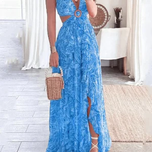 Inrosy robe longue imprimé à fleurie fenduà volantée dos nu v-cou sans manches élégant femme boho décontracté plage