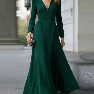 Inrosy robe longue fluide nœud ceinture v-cou manches longues femme élégant soirée bal de promo cérémonie
