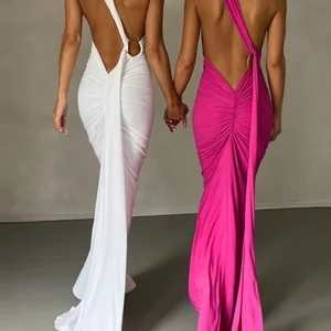 Inrosy robe dos benitier longue découpes moulante fluide nœud décolleté dos nu une épaule licou femme élégant de soirée