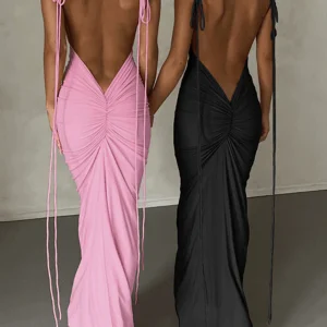 Inrosy longue robe col bénitier dos nu moulante nœud bustier à fines brides sans manches femme élégant de soirée