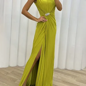 Inrosy longue robe fendu le côté fluide col rond sans manches femme élégant de soirée bal de promo