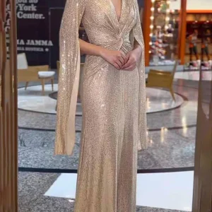 Inrosy longue robe brillante paillette v-cou nœud manches fendues manches longues femme mode ample de soirée cérémonie