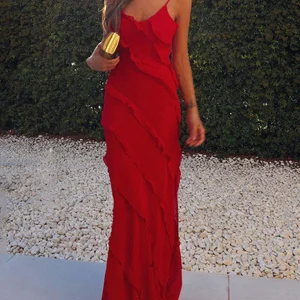 Inrosy robe longue moulante mousseline fendu à volantée décolleté dos à fines brides v-cou sans manches femme de soirée mariage