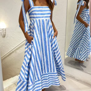 Inrosy robe longue rayé nœud bretelle sans manches femme casual doux élégant audrey hepburn décontracté vintage