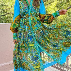 Inrosy longue blouse robe imprimé à fleurie boutonnage ceinture col chemise manches longues casual bohème décontracté vintage