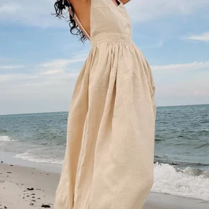 Inrosy robe longue unicolore lin v-cou dos nu à fines brides sans manches femme casual bohème lâche décontracté de plage