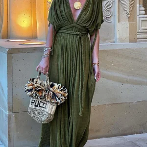 Inrosy robe longue décolleté plongeant licou fendu dos nu manches chauve souris femme décontracté de plage
